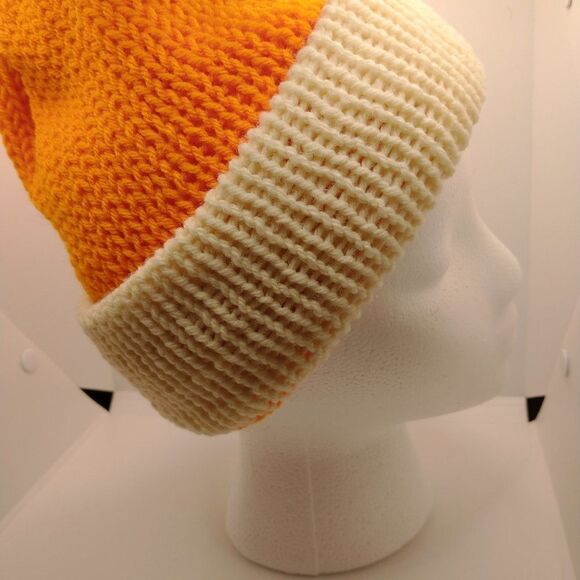 Hand Crafted Knit Unisex Hat Orange Ivory Winter Warm Beanie Slouchy Ski Cap - Picture 4 of 9